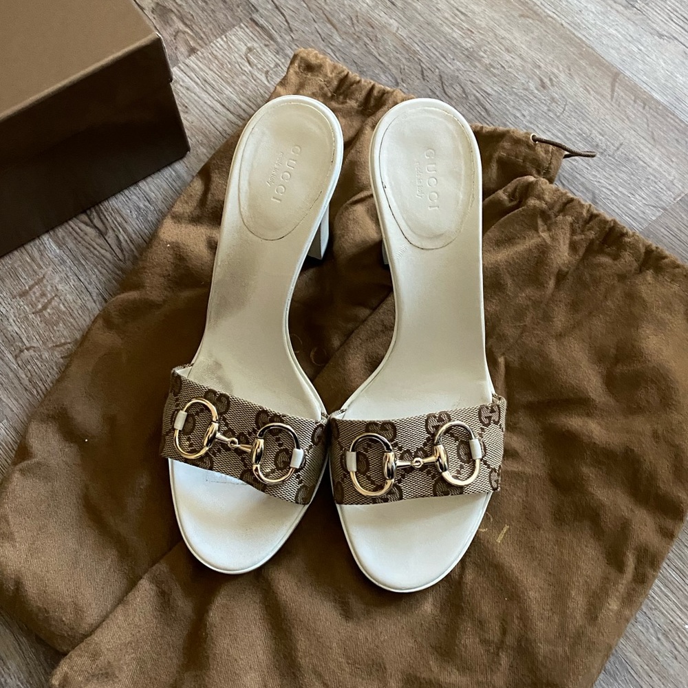 Gucci Malaga Kid Beige Ebony Mules - Size 8